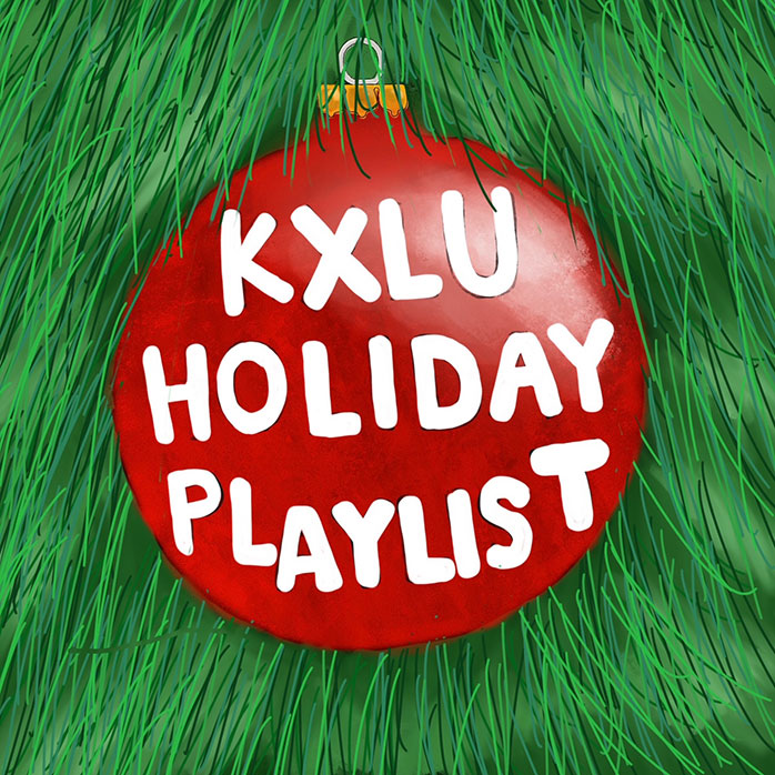 A Christmas tree ornament with the words KXLU Holiday Playlist