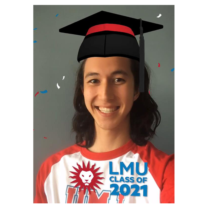 A student using a filter that adds an illustrated graduation cap on their head and the words LMU Class of 2021 next to the LMU spirit mark