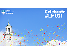 A Zoom background with graduation caps thrown in the air in front of the Sacred Heart Chapel clock tower and the words Celebrate LMU21 in the corner