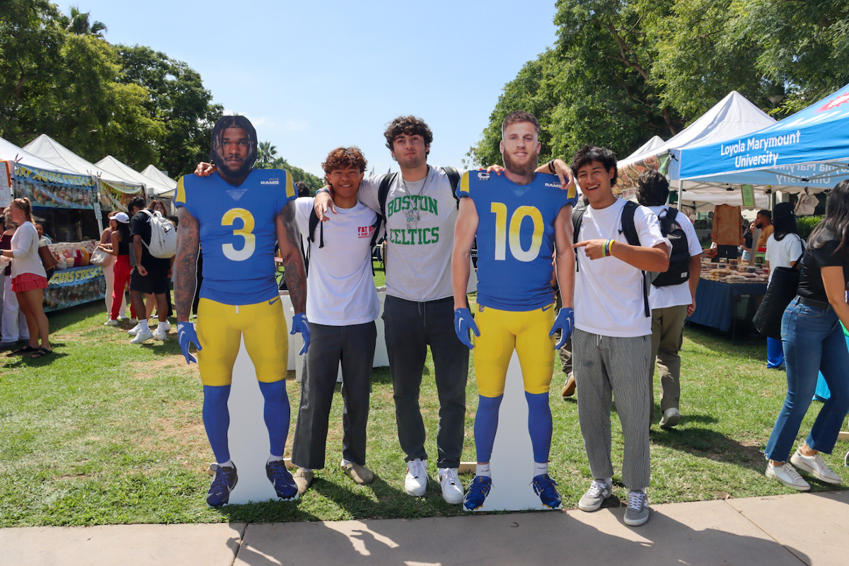 Students pose with Rams standees